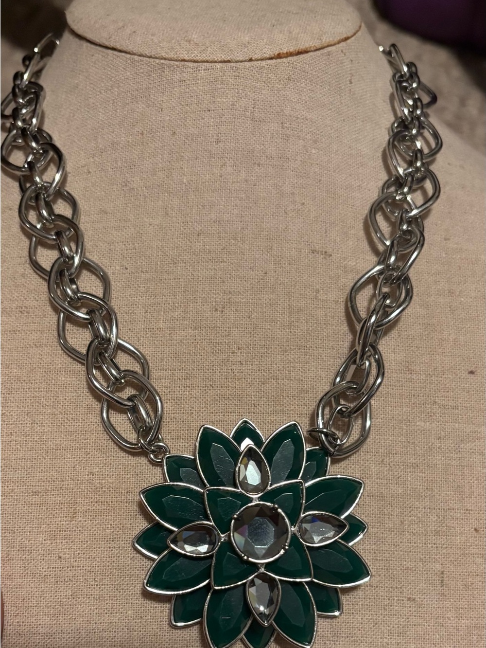 Lia Sofia Signed Emerald Floral Statement Necklace with Silver-Tone Chain